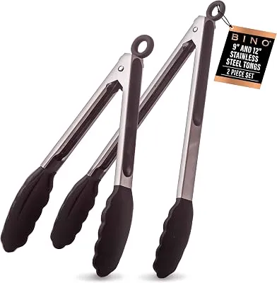 BINO 2-Piece Silicone Tipped Stainless Steel Tongs Set - Black | Locking Tongs | Kitchen Utensil & Tool for Cooking & Serving | Nonstick Cookware | Heat-resistant Silicone Tongs | 9 + 12 Inches