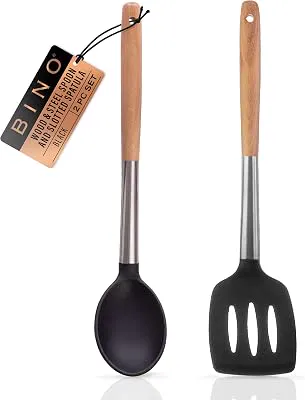 BINO 2-Piece Silicone Spoon & Slotted Turner Set with Stainless Steel & Wooden Handle - Black | BPA-Free Nonstick & Heat Resistant Silicone | Mixing & Serving | Cooking Utensils for Nonstick Cookware
