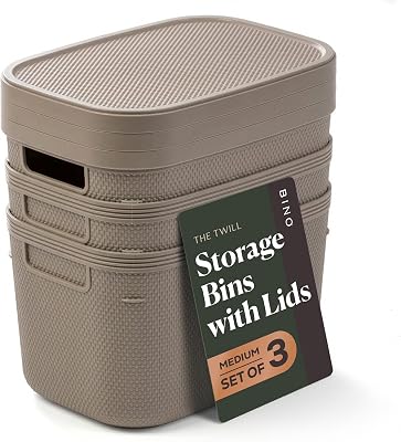 BINO | Plastic Storage Bins with Lids, 5.5 Liter - 3 Pack, Taupe | THE TWILL COLLECTION | Plastic Bins for Organization | Woven Storage Baskets for Organizing | Pantry Shelf Organizer Basket Bin