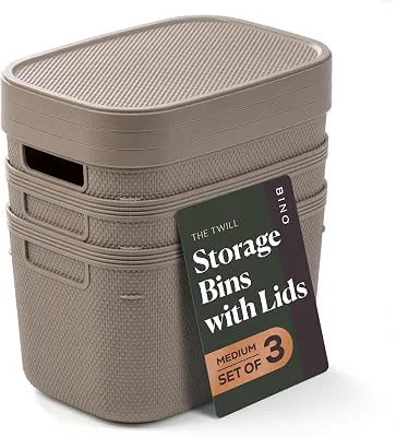 BINO | Plastic Storage Bins with Lids, 5.5 Liter - 3 Pack, Taupe | THE TWILL COLLECTION | Plastic Bins for Organization | Woven Storage Baskets for Organizing | Pantry Shelf Organizer Basket Bin