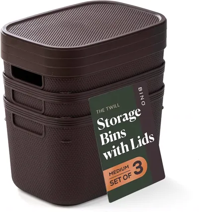 BINO | Plastic Storage Bins with Lids, 5.5 Liter - 3 Pack, Dark Brown | THE TWILL COLLECTION | Plastic Bins for Organization | Woven Storage Baskets for Organizing | Pantry Shelf Organizer Basket Bin